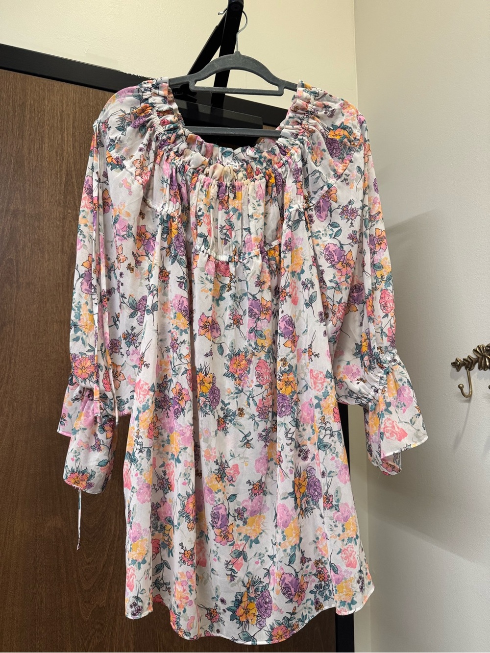 Tularosa White Floral Peasant Dress with Pink and Yellow Blooms
